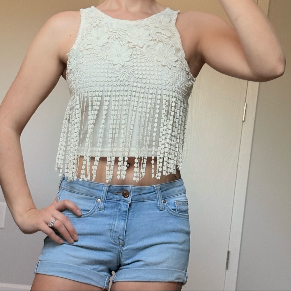 Cute Cream Floral Fringe Embroidered Crop Top Forever 21 Womens Teen Size Small